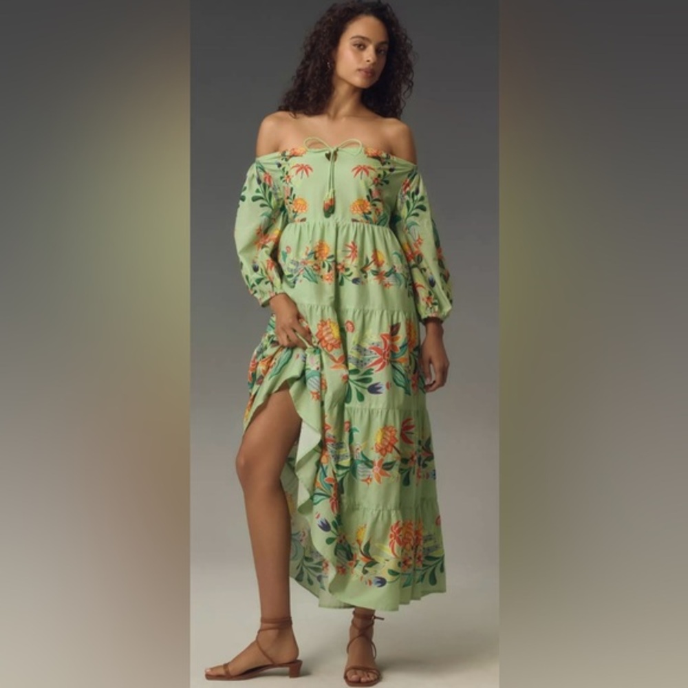 FARM Rio Green Floral Midi Dress